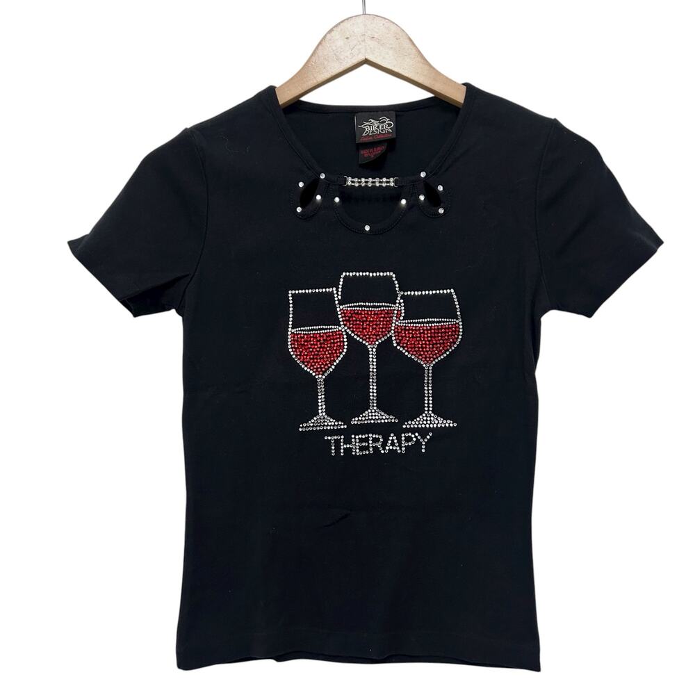 Biker Design Black Rhinestone Wine Therapy T Shirt Sz S